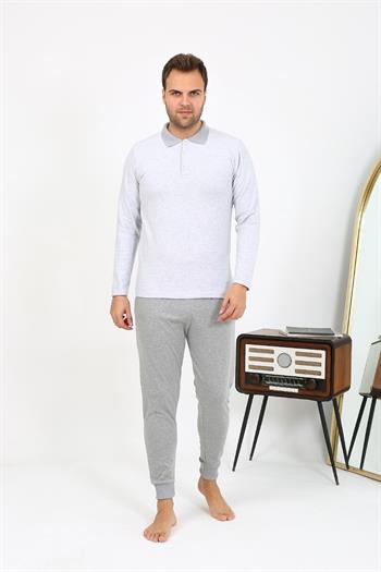 Akbeniz Erkek Polo Yaka Uzun Kol Penye Pijama Takımı Gri 6864