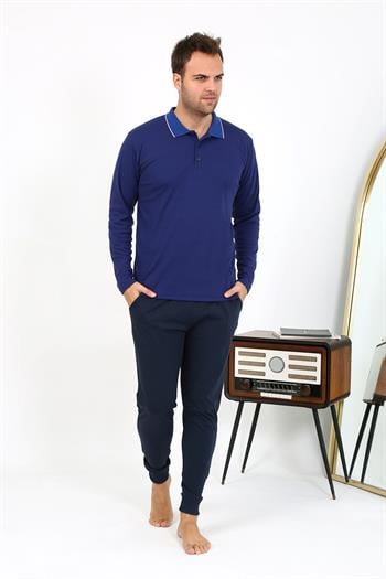 Akbeniz Erkek Polo Yaka Uzun Kol Penye Pijama Takımı Lacivert 6865