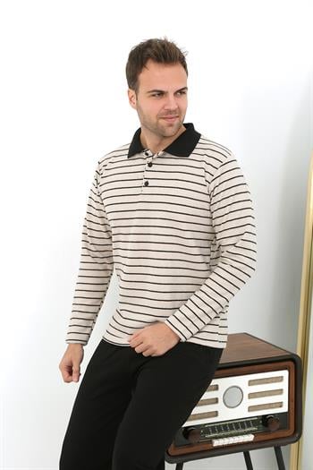 Akbeniz Erkek Polo Yaka Uzun Kol Penye Pijama Takımı 6862 Krem