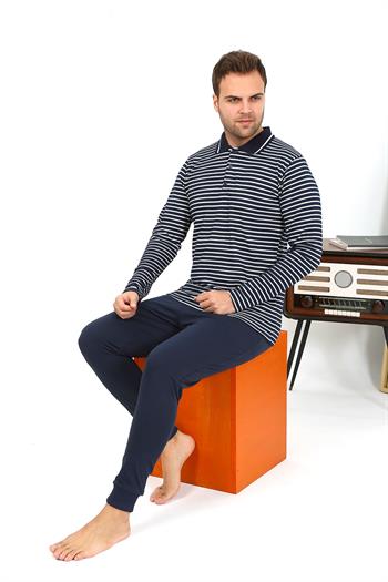 Akbeniz Erkek Polo Yaka Uzun Kol Penye Pijama Takımı Lacivert 6864