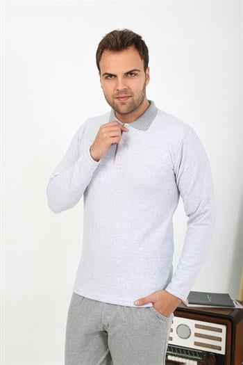 Akbeniz Erkek Polo Yaka Uzun Kol Penye Pijama Takımı Gri 6864