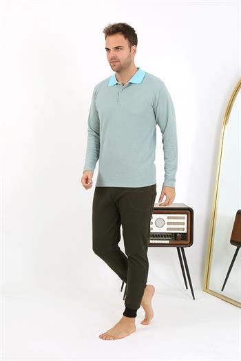Akbeniz Erkek Polo Yaka Uzun Kol Penye Pijama Takımı 6862 Su Yeşili