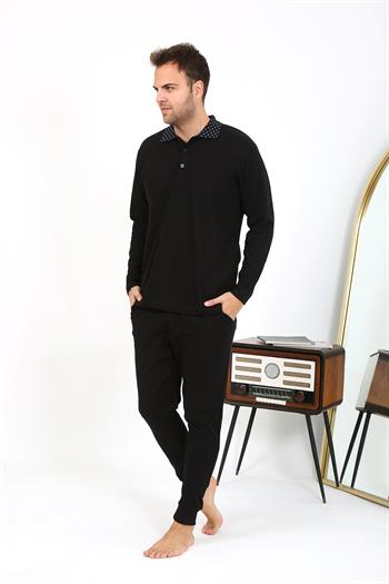Akbeniz Erkek Polo Yaka Uzun Kol Penye Pijama Takımı Siyah 6864