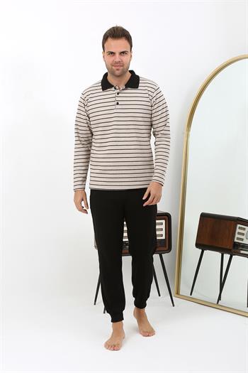 Akbeniz Erkek Polo Yaka Uzun Kol Penye Pijama Takımı 6862 Krem