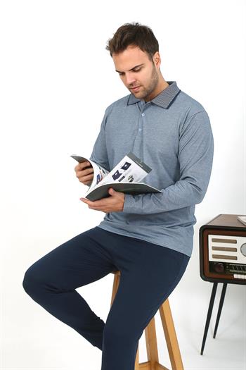 Akbeniz Erkek Polo Yaka Uzun Kol Penye Pijama Takımı Gri 6865