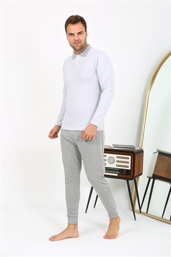 Akbeniz Erkek Polo Yaka Uzun Kol Penye Pijama Takımı Gri 6864