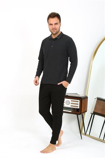 Akbeniz Erkek Polo Yaka Uzun Kol Penye Pijama Takımı Antrasit 6865