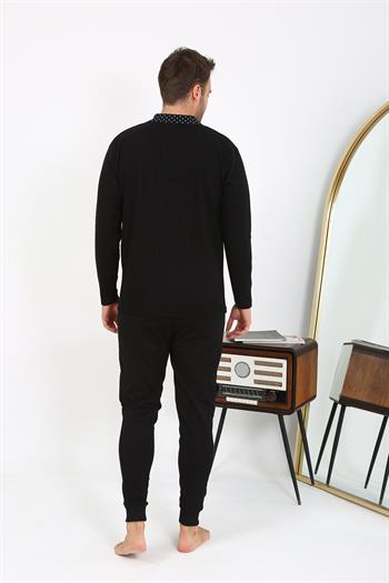 Akbeniz Erkek Polo Yaka Uzun Kol Penye Pijama Takımı Siyah 6864