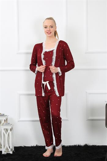 Akbeniz Kadın 3lü Bordo Sabahlık Pijama Takım 16103