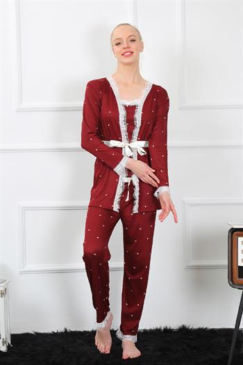 Akbeniz Kadın 3lü Bordo Sabahlık Pijama Takım 16103