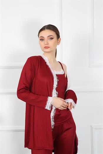 Akbeniz Kadın 3lü Bordo Sabahlık Takım 16108