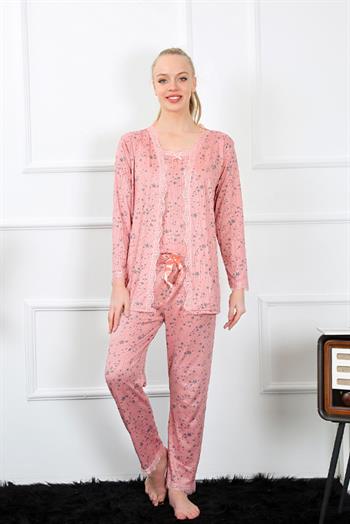 Akbeniz Kadın 3lü Gül Kurusu Sabahlık Pijama Takım 16103