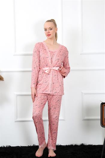 Akbeniz Kadın 3lü Gül Kurusu Sabahlık Pijama Takım 16103
