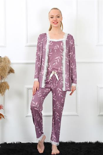 Akbeniz Kadın 3lü Lila Sabahlık Pijama Takım 16103