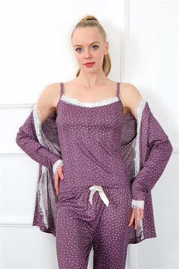 Akbeniz Kadın 3'lü Mürdüm Sabahlık Pijama Takım 16103