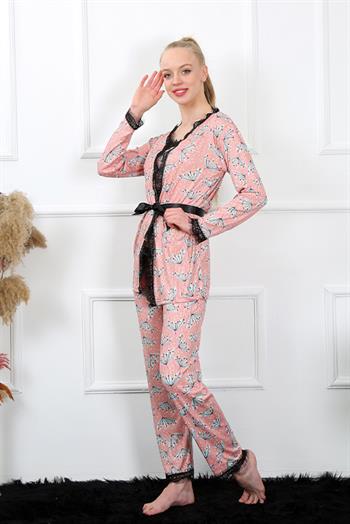 Akbeniz Kadın 3lü Somon Sabahlık Pijama Takım 16103