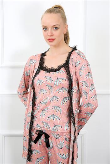 Akbeniz Kadın 3lü Somon Sabahlık Pijama Takım 16103