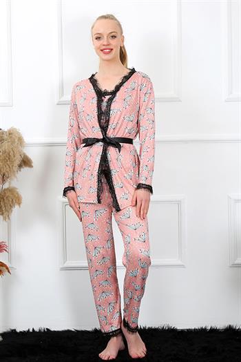 Akbeniz Kadın 3lü Somon Sabahlık Pijama Takım 16103