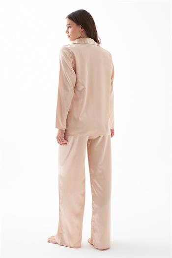 Akbeniz Kadın Bej Oversize Saten Pijama Takımı