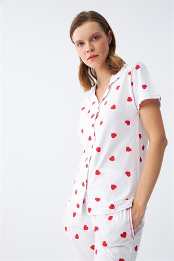 Akbeniz Kadın Beyaz Kırmızı Kalpli Önden Düğmeli Pijama Takımı