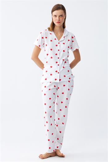 Akbeniz Kadın Beyaz Kırmızı Kalpli Önden Düğmeli Pijama Takımı