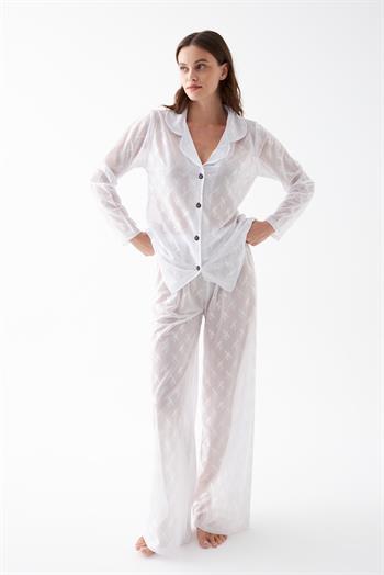 Akbeniz Kadın Beyaz Şeffaf Jakar Düğmeli Pijama Takımı