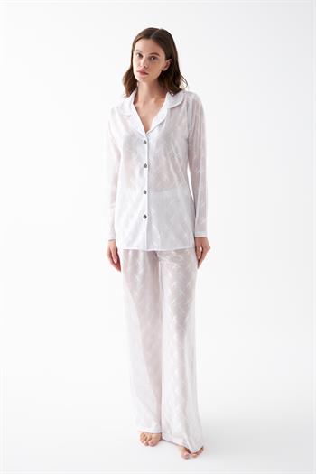 Akbeniz Kadın Beyaz Şeffaf Jakar Düğmeli Pijama Takımı