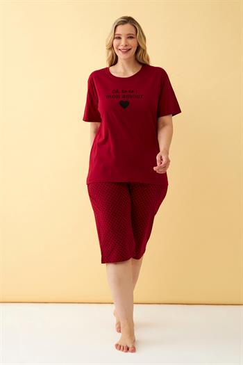 Akbeniz Kadın Bordo Kalp Desenli Büyük Beden Kapri Pijama Takımı