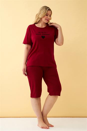 Akbeniz Kadın Bordo Kalp Desenli Büyük Beden Kapri Pijama Takımı