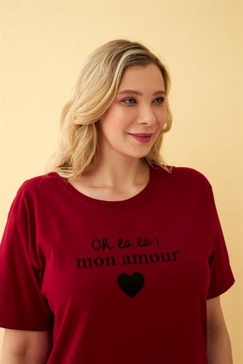 Akbeniz Kadın Bordo Kalp Desenli Büyük Beden Kapri Pijama Takımı