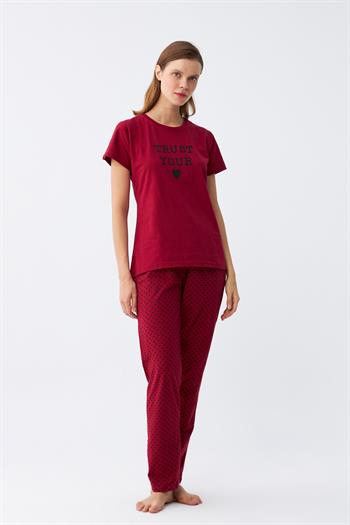 Akbeniz Kadın Bordo Kalp Desenli Kısa Kollu Penye Pijama Takımı