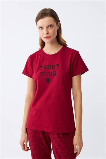 Akbeniz Kadın Bordo Kalp Desenli Kısa Kollu Penye Pijama Takımı