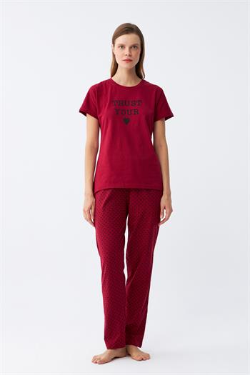 Akbeniz Kadın Bordo Kalp Desenli Kısa Kollu Penye Pijama Takımı
