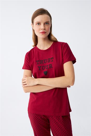 Akbeniz Kadın Bordo Kalp Desenli Kısa Kollu Penye Pijama Takımı