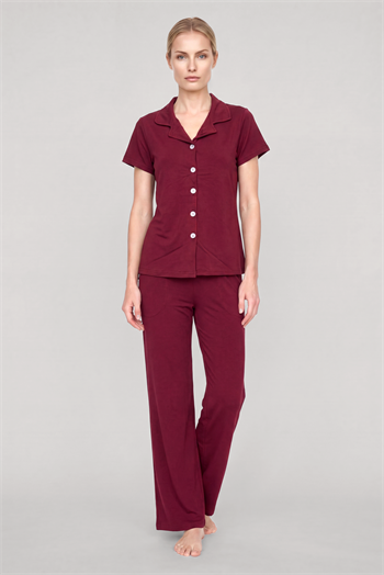 Akbeniz Kadın Bordo Klasik Gömlek Yaka Pijama Takımı