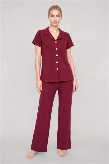 Akbeniz Kadın Bordo Klasik Gömlek Yaka Pijama Takımı