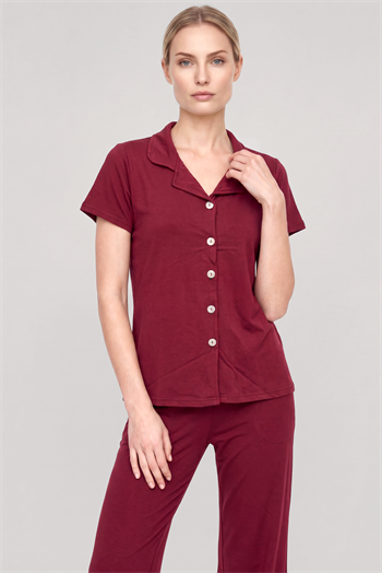 Akbeniz Kadın Bordo Klasik Gömlek Yaka Pijama Takımı