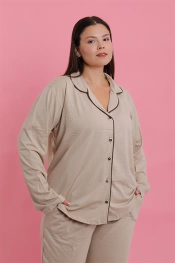 Akbeniz Kadın Büyük Beden Bej Düğmeli Pijama Takımı
