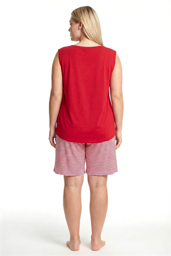 Akbeniz Kadın Büyük Beden Çizgili Cep Şortlu Pijama Takımı - Kırmızı