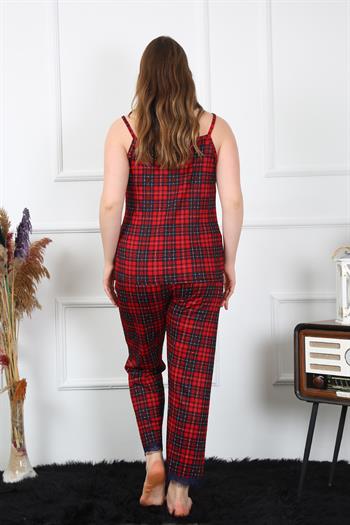 Akbeniz Kadın Büyük Beden Kırmızı Ekoseli İp Askılı Pijama Takım 202197