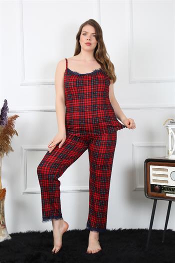 Akbeniz Kadın Büyük Beden Kırmızı Ekoseli İp Askılı Pijama Takım 202197