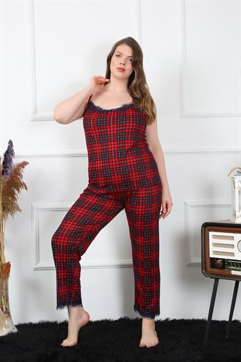 Akbeniz Kadın Büyük Beden Kırmızı Ekoseli İp Askılı Pijama Takım 202197