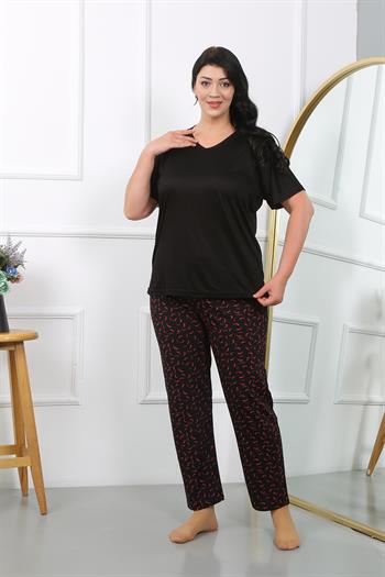 Akbeniz Kadın Büyük Beden  Kısa Kol Penye Pijama Takımı Siyah 202406