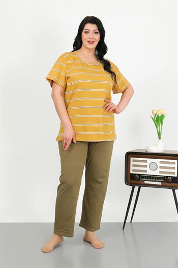 Akbeniz Kadın Büyük Beden Kısa Kol Penye Pijama Takımı Sarı 202505