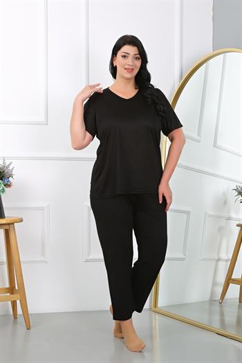 Akbeniz Kadın Büyük Beden  Kısa Kol Penye Pijama Takımı Siyah 202405