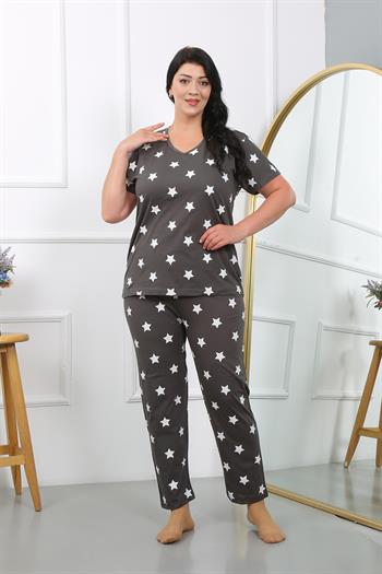 Akbeniz Kadın Büyük Beden  Kısa Kol Penye Pijama Takımı Füme 202407