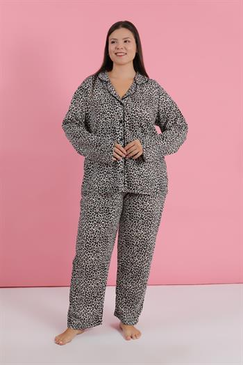 Akbeniz Kadın Büyük Beden Leopar Desenli Düğmeli Pijama Takımı