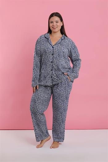 Akbeniz Kadın Büyük Beden Mavi Leopar Desenli Düğmeli Pijama Takımı