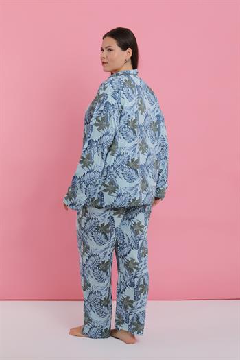 Akbeniz Kadın Büyük Beden Mavi Tropikal Desenli Düğmeli Pijama Takımı