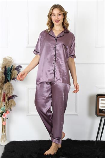 Akbeniz Kadın Büyük Beden Mor Saten Pijama Takımı 10303